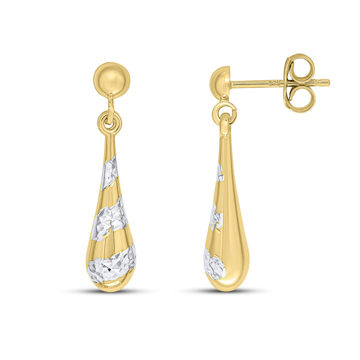 9ct Yellow & White Gold Two Tone Polished & Diamond Cut Stripe Drop Earrings