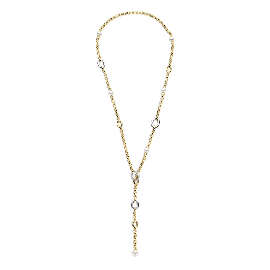 TI SENTO Sterling Silver & Gold Plated Two Tone Cubic Zirconia & Pearl Set Lariat Necklace
