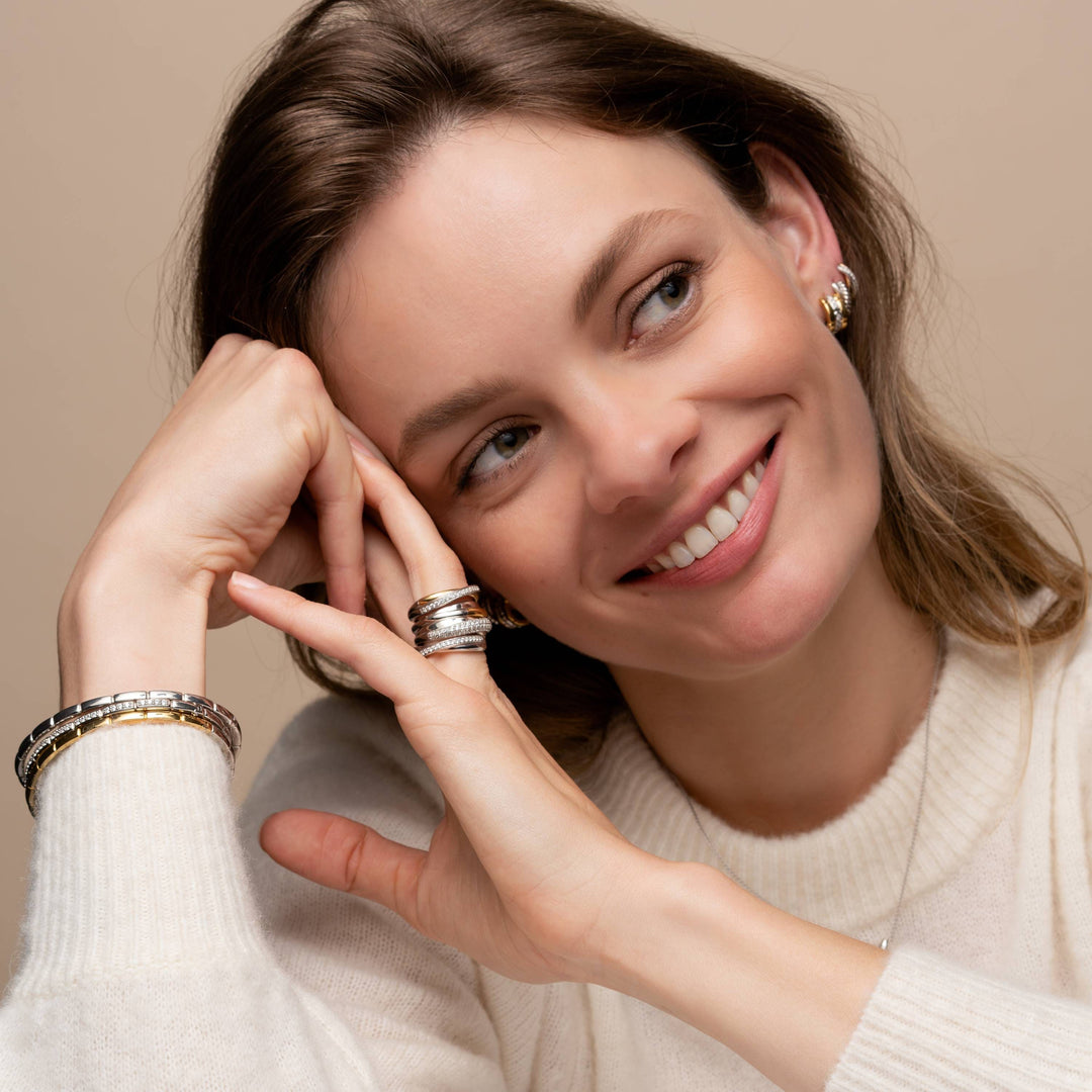 TI SENTO Sterling Silver & Gold Plated Two Tone Cubic Zirconia Set Crossover Huggy Hoop Earrings