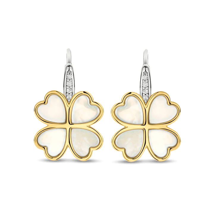 TI SENTO Sterling Silver & Gold Plated Two Tone Mother of Pearl & Cubic Zirconia Set Four Leaf Clover Drop Earrings