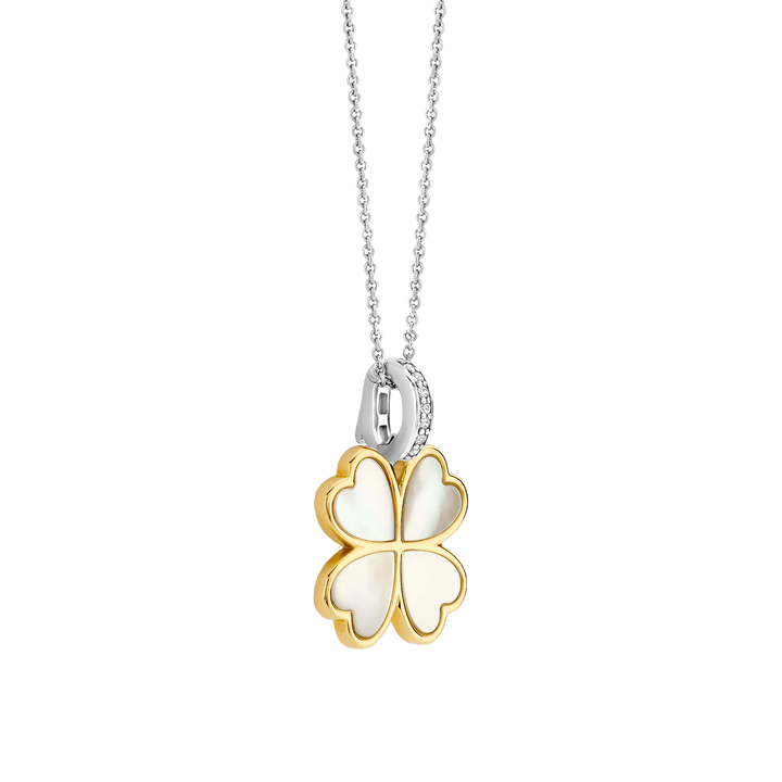 TI SENTO Sterling Silver & Gold Plated Two Tone Mother of Pearl & Cubic Zirconia Set Four Leaf Clover Pendant Necklace