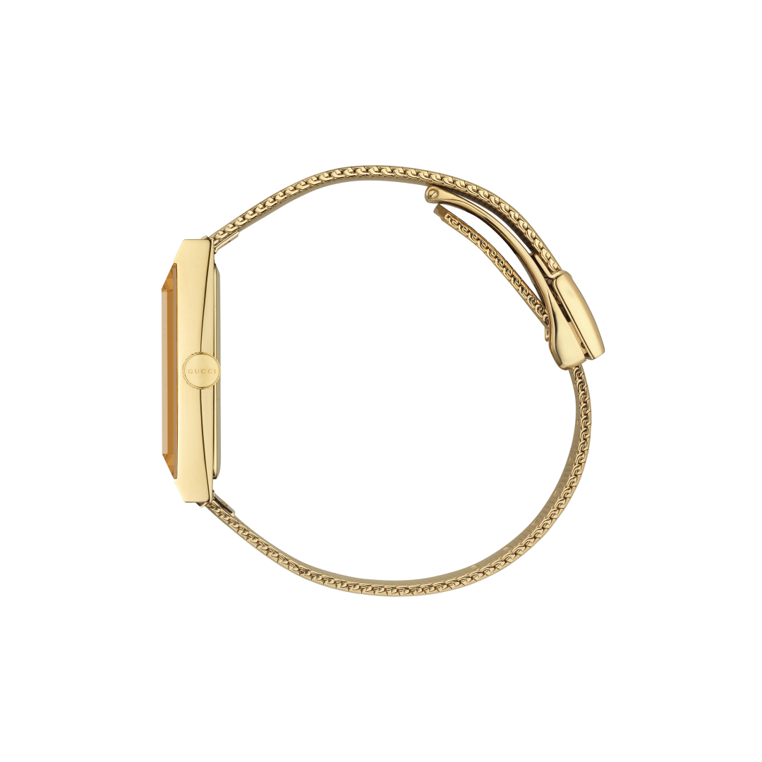 Gucci G-Frame Mother of Pearl Dial PVD Gold Plated Mesh Bracelet Womens Quartz Watch YA147410