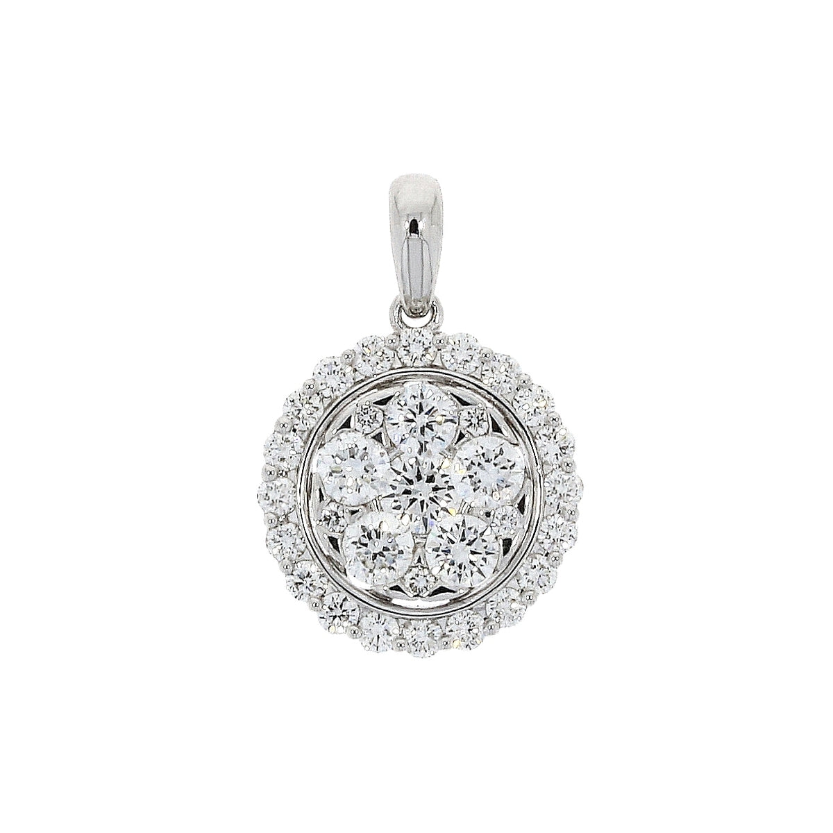 18ct White Gold Multi Diamond Set Circle Cluster Pendant Necklace