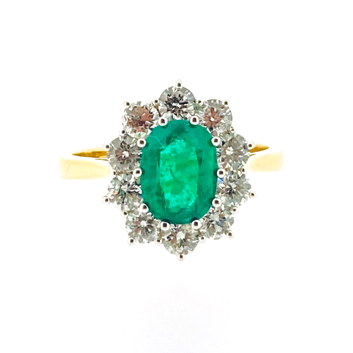 18ct Gold Oval Emerald & Diamond Set Cluster Ring