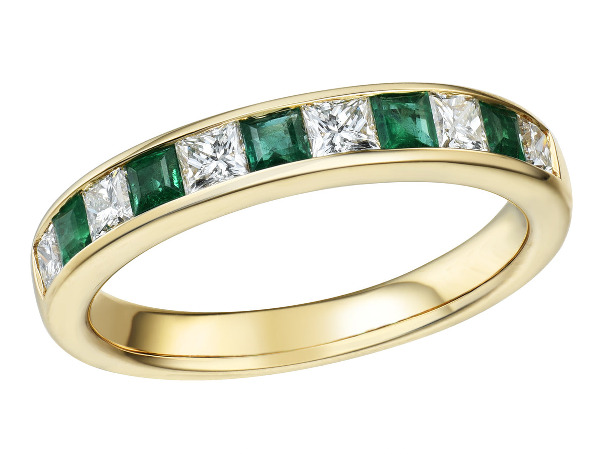 18ct Gold Princess Cut Emerald & Diamond Channel Set Half Eternity Ring