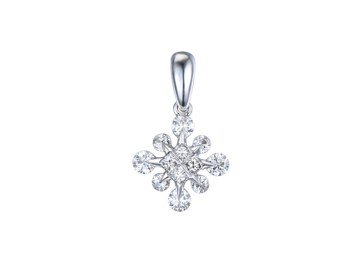 18ct White Gold Diamond Set Starburst Cluster Pendant Necklace