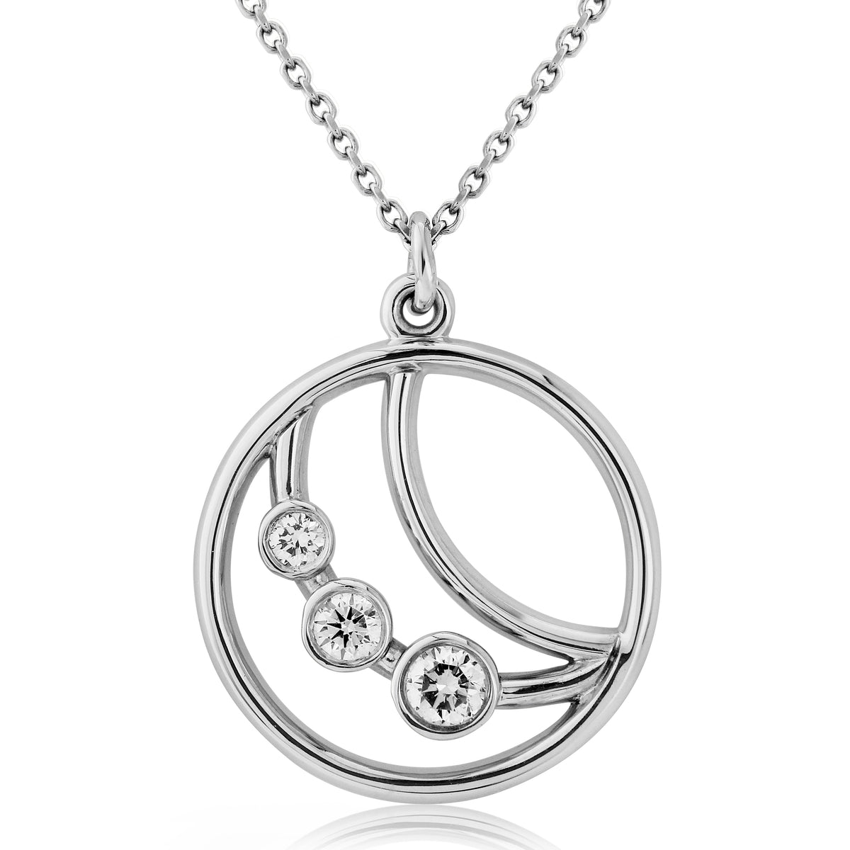 18ct White Gold Eclipse Diamond Set Openwork Circle Pendant Necklace