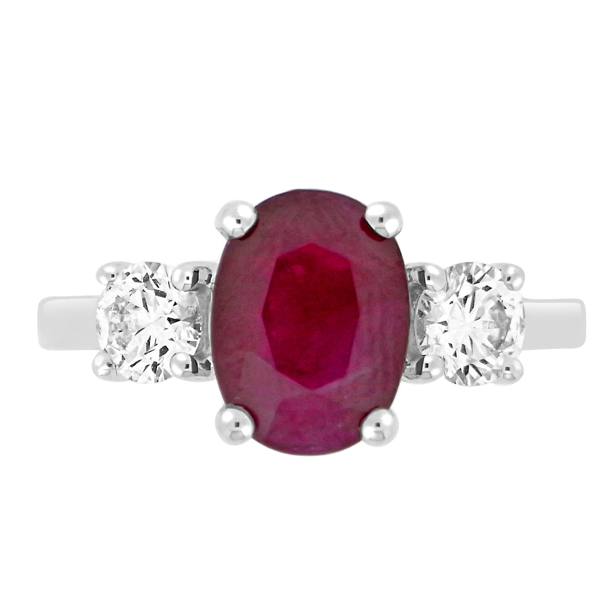 18ct White Gold Oval Cut Ruby & Diamond Set Three Stone Trilogy Ring