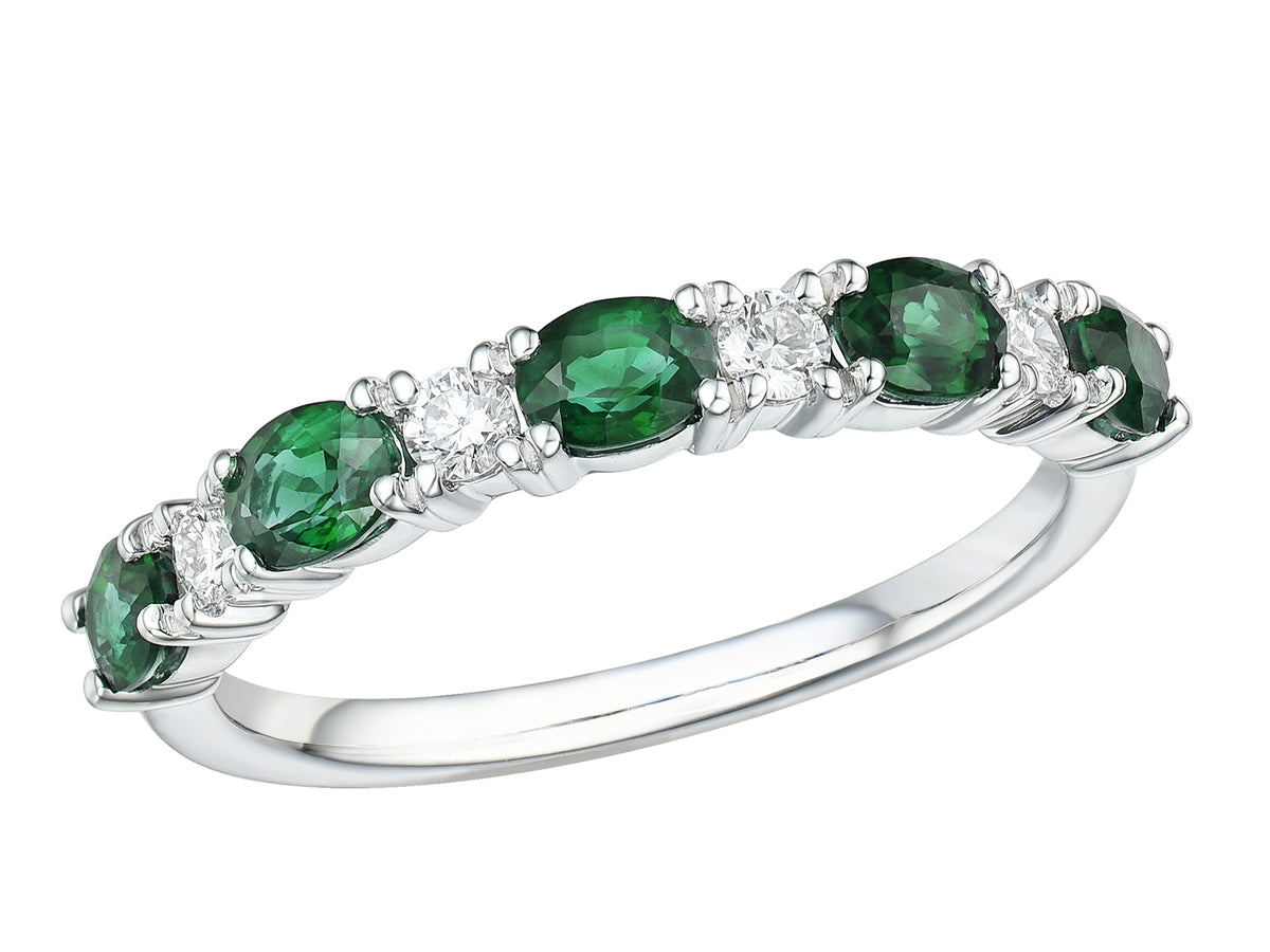 18ct White Gold Oval Emerald & Diamond Set Nine Stone Half Eternity Ring