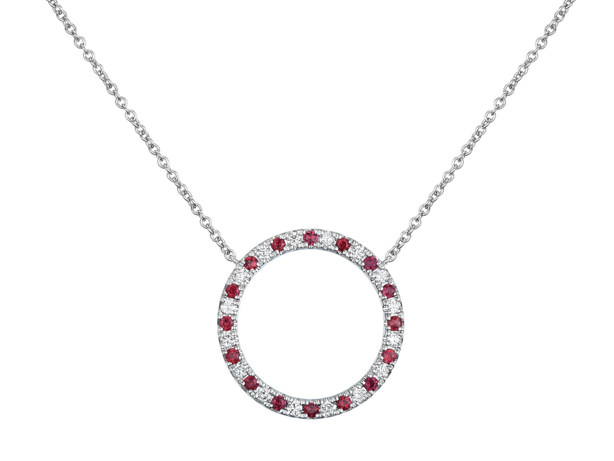 18ct White Gold Ruby & Diamond Set Openwork Circle Pendant Necklace