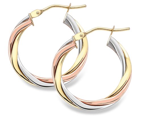 9ct 3 Colour Gold Twist Hoop Earrings