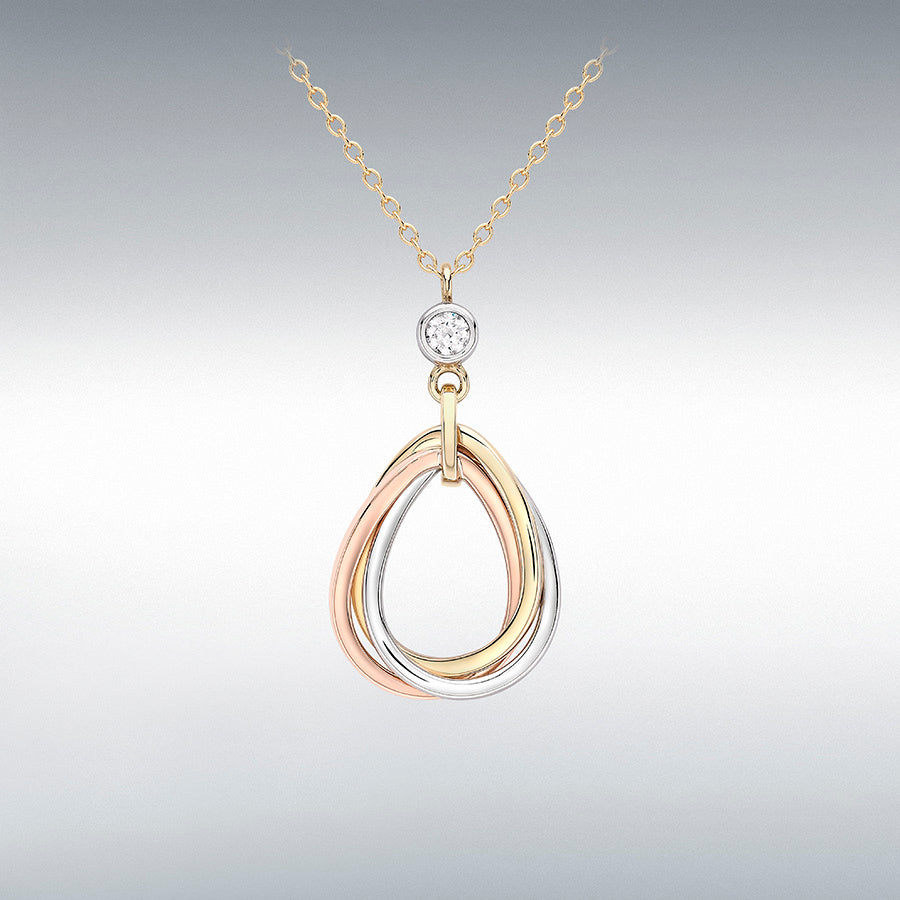9ct 3 Colour Rose, White, Yellow Gold & Cubic Zirconia Teardrop Pendant Necklace