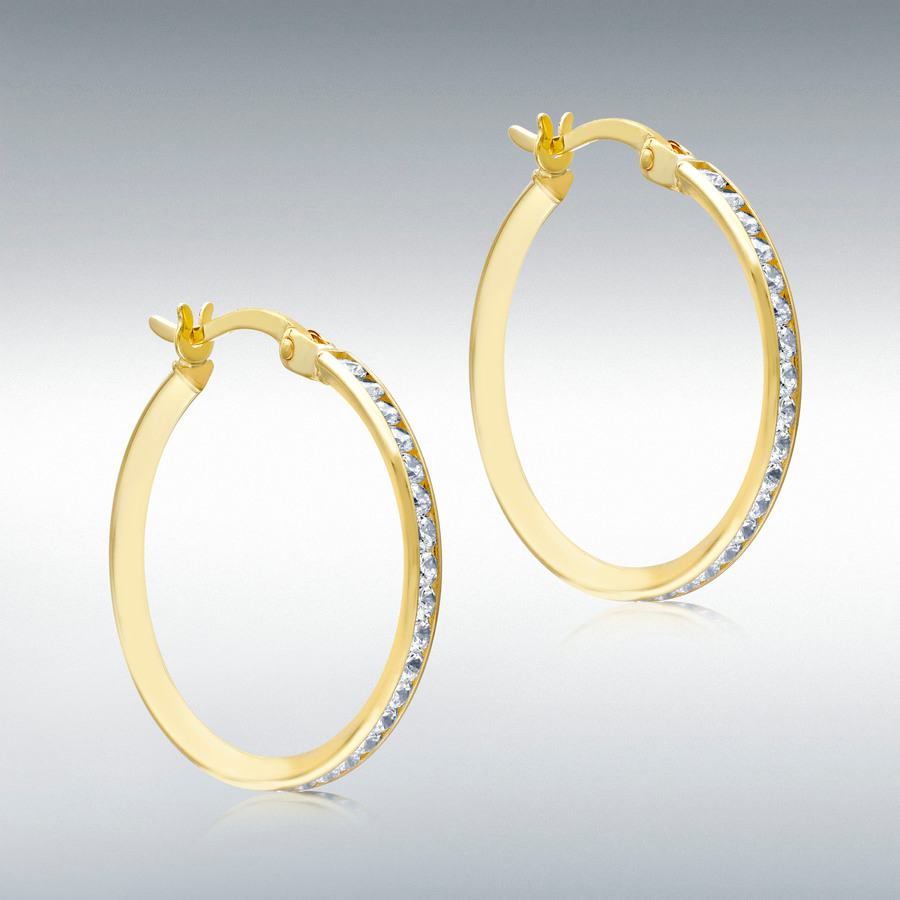 9ct Gold Channel Set Cubic Zirconia Set 20mm Hoop Earrings – TB