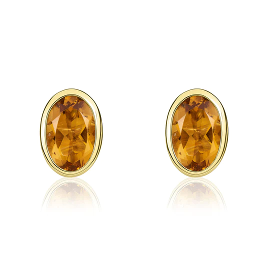 9ct Gold Oval Citrine Rubover Set Stud Earrings