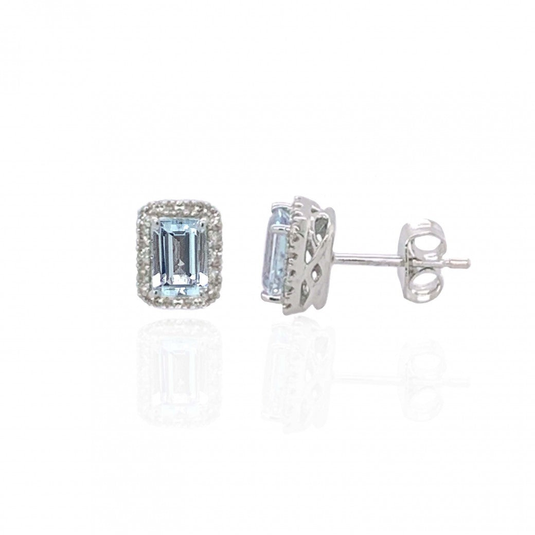 9ct White Gold Emerald Cut Aquamarine & Diamond Set Cluster Stud Earrings