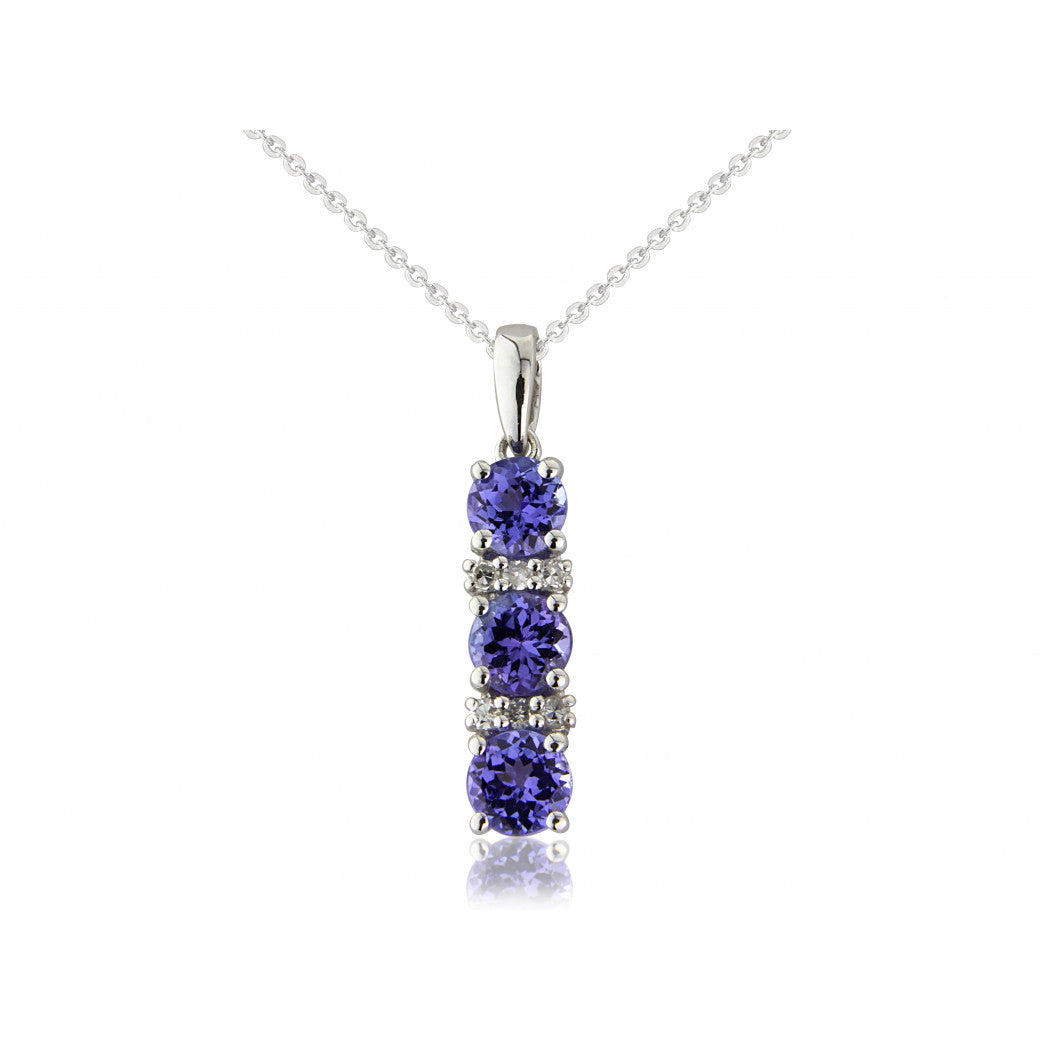 9ct White Gold Tanzanite & Diamond Set Trilogy Drop Pendant Necklace