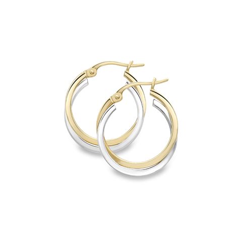 9ct Yellow & White Gold Two Tone Crossover 15mm Hoop Earrings