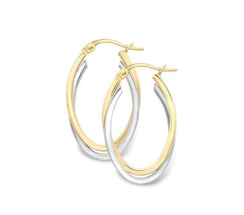 9ct Yellow & White Gold Two Tone Crossover Oval Hoop Earrings