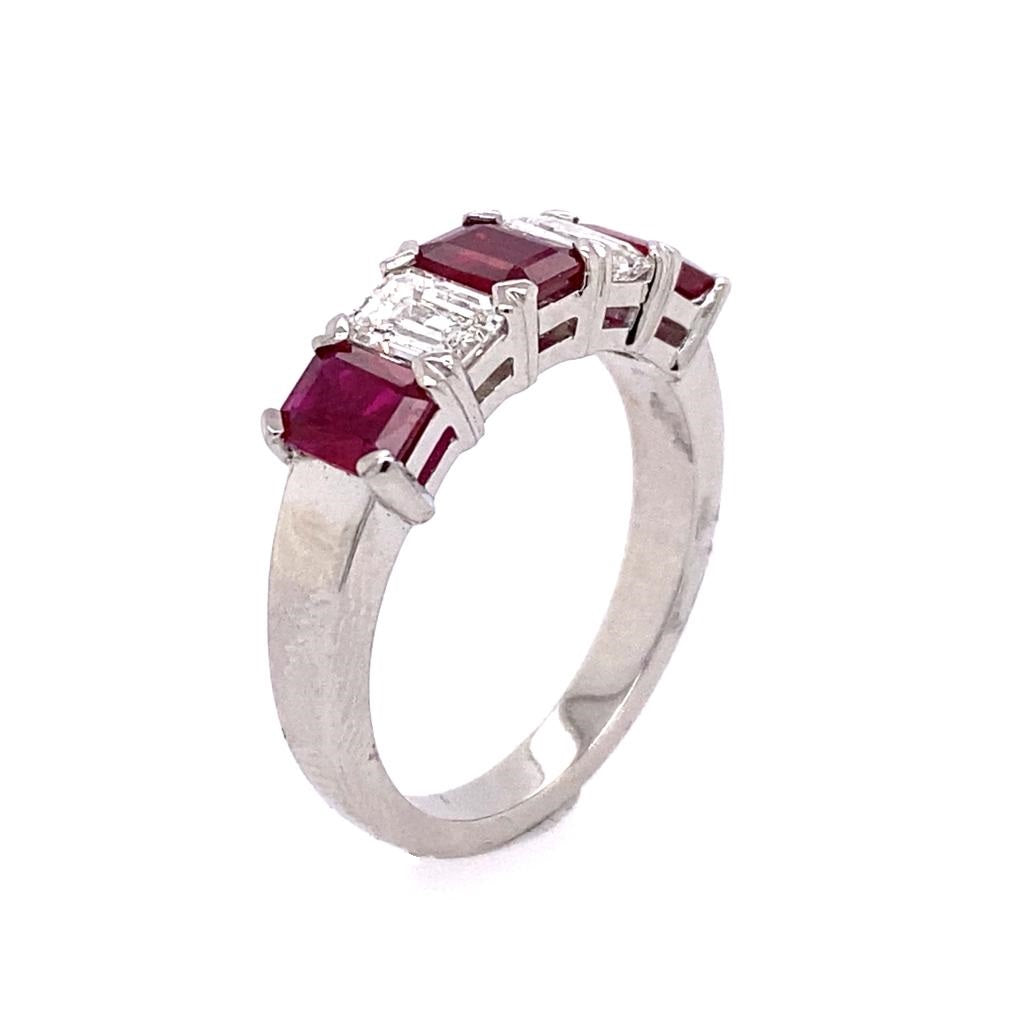Platinum Emerald Cut Ruby & Diamond Set Five Stone Half-Eternity Dress Ring
