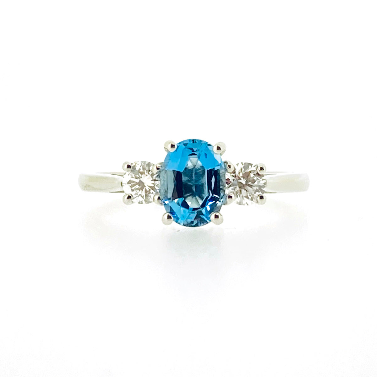 Platinum Oval Cut Aquamarine & Diamond Set Three Stone Trilogy Ring