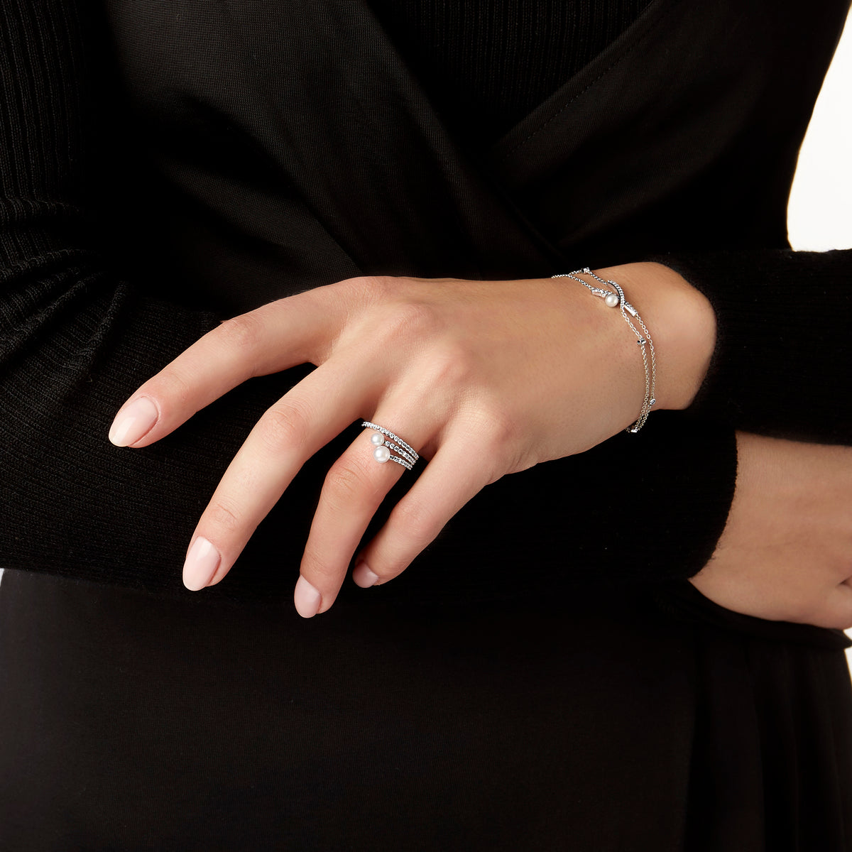 YOKO London Sleek 18ct White Gold, Pearl & Diamond Set Three Row Ring