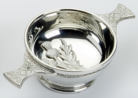 Traditional Pewter Celtic Design Quaich with Thistle (3" bowl)