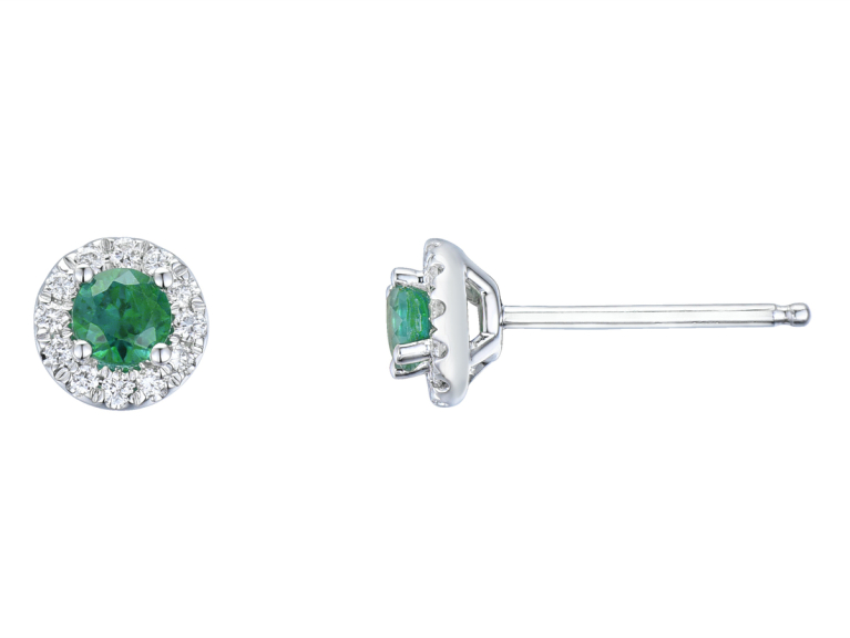 18ct White Gold Round Emerald & Diamond Set Cluster Stud Earrings