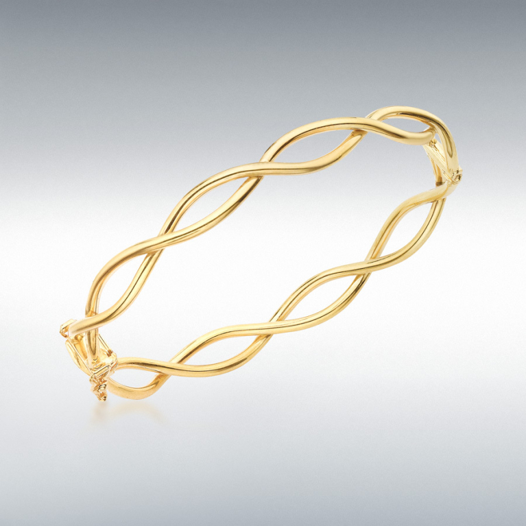 9ct Gold Oval Hinged Openwork Crossover Design Bangle