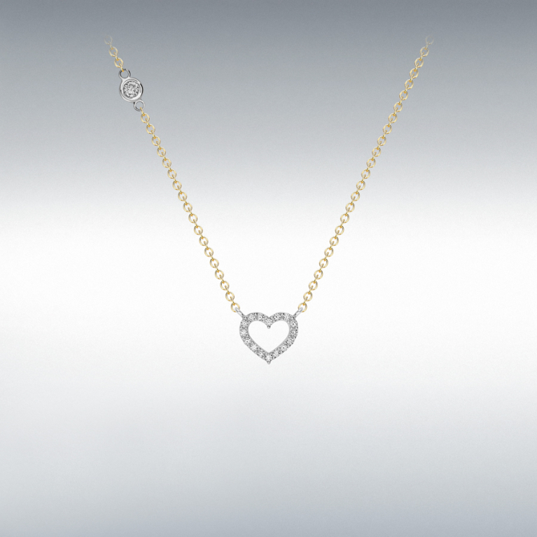 9ct Yellow & White Two Tone Gold Cubic Zirconia Set Openwork Heart Pendant Necklace