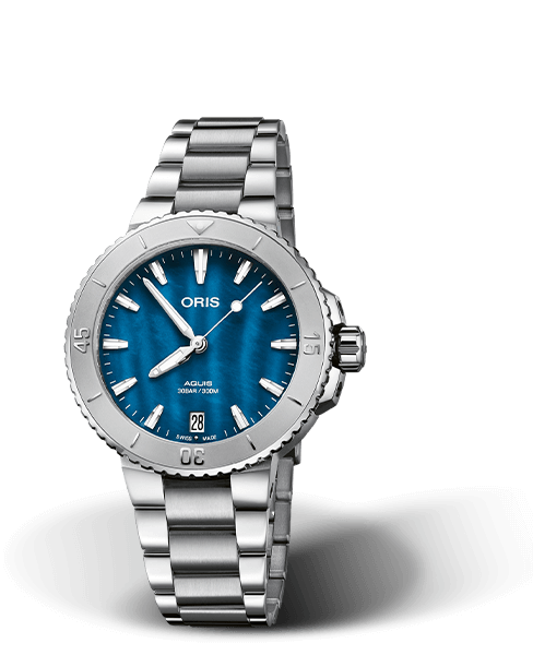 Oris Aquis Date Blue Mother of Pearl Dial Stainless Steel Womens 36.5mm Watch