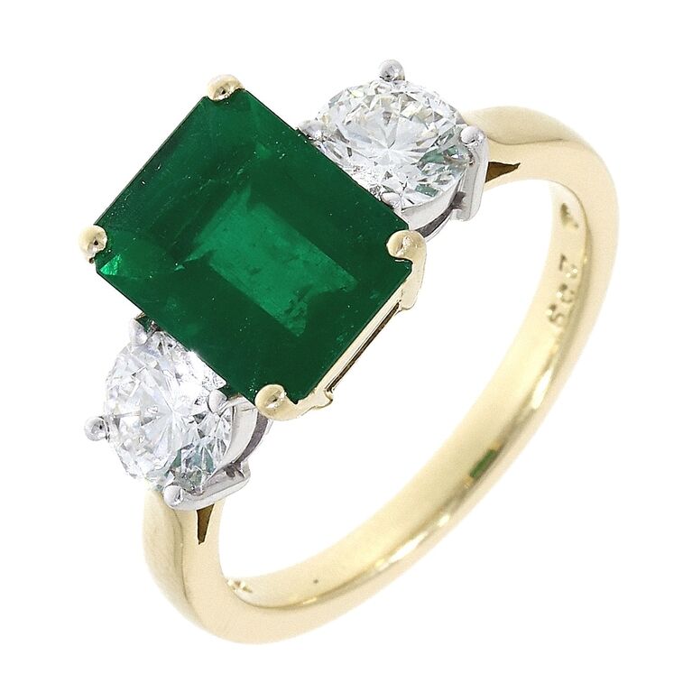 18ct Gold Emerald & Diamond Set Three Stone Trilogy Ring