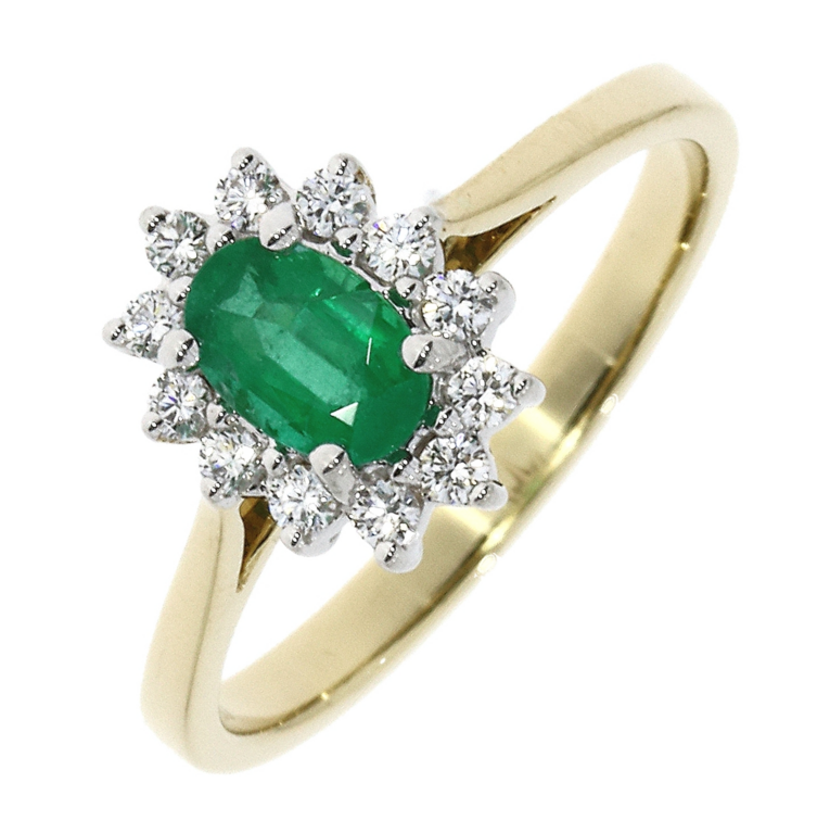 18ct Gold Oval Emerald & Diamond Set Cluster Ring