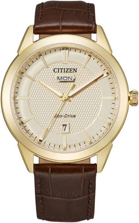 Citizen Eco-Drive Corso Champagne Dial Day-Date Gold Plated Mens Watch AW0092-07Q