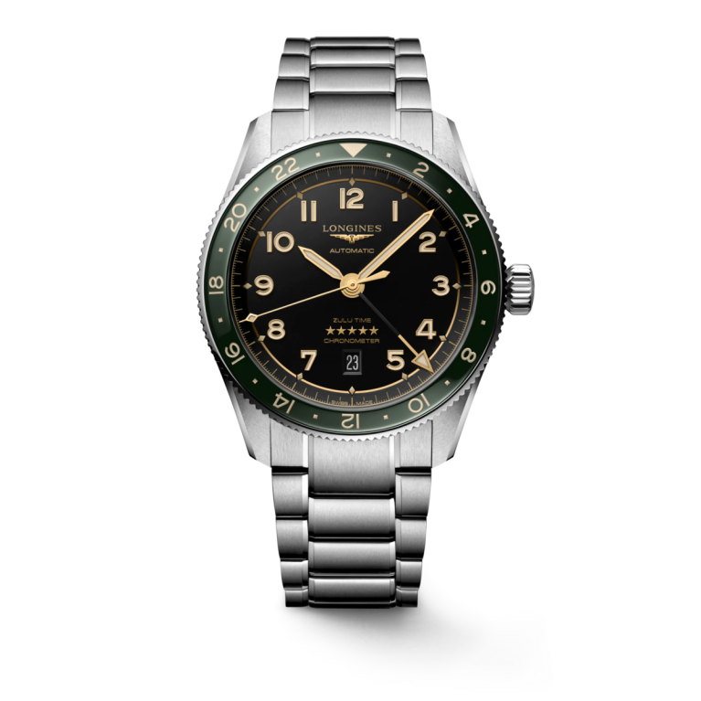 Longines Spirit Zulu Time Anthracite Dial/Green Bezel Stainless Steel Mens GMT Watch 42mm L38124636