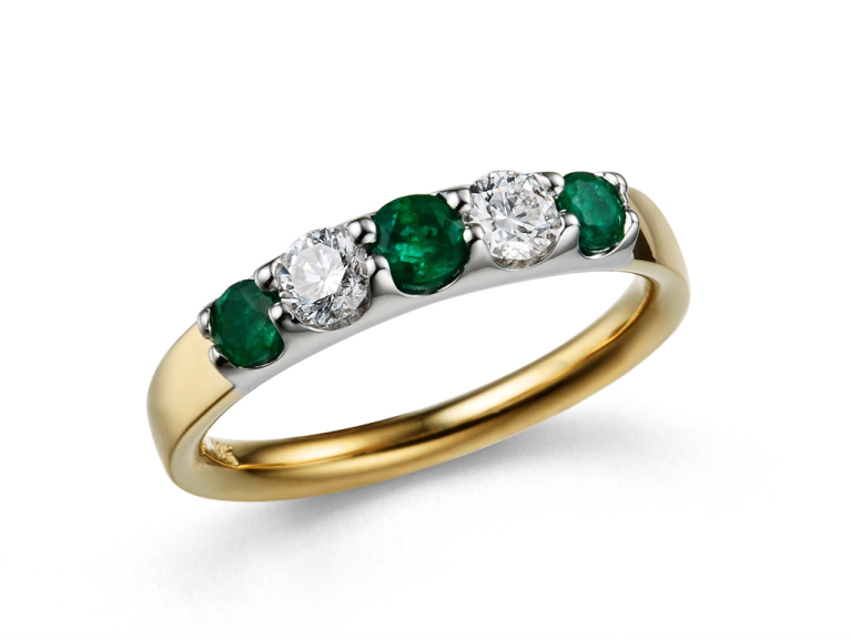 18ct Gold Emerald & Diamond Set Five Stone Half Eternity Ring