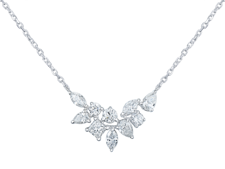 18ct White Gold Multi Cut Diamond Set Abstract Cluster Necklace