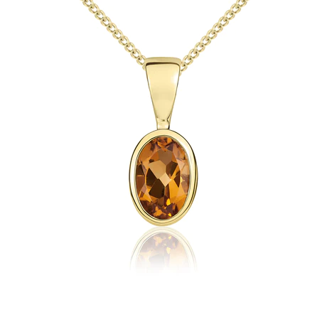9ct Gold Oval Citrine Rubover Set Pendant Necklace