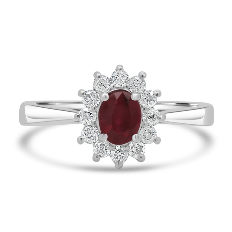 9ct White Gold Oval Ruby & Diamond Set Cluster Ring