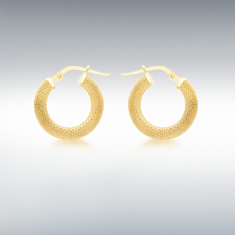 9ct Yellow Gold Diamond Cut Textured Hoop Earrings