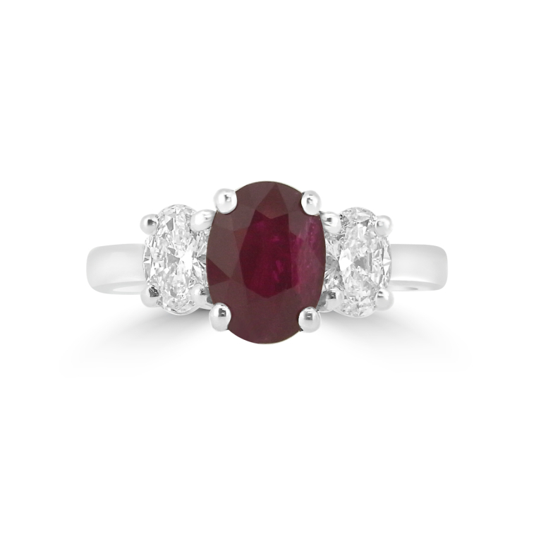 Platinum Oval Cut Ruby & Diamond Set Three Stone Trilogy Ring