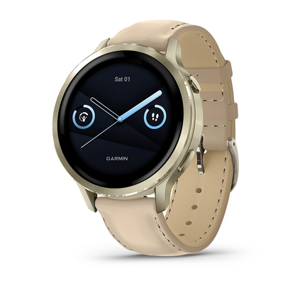 GARMIN Venu 4 41mm AMOLED Polymer & Lunar Gold Tone Smartwatch with Silicone & Leather Straps 010-03013-03