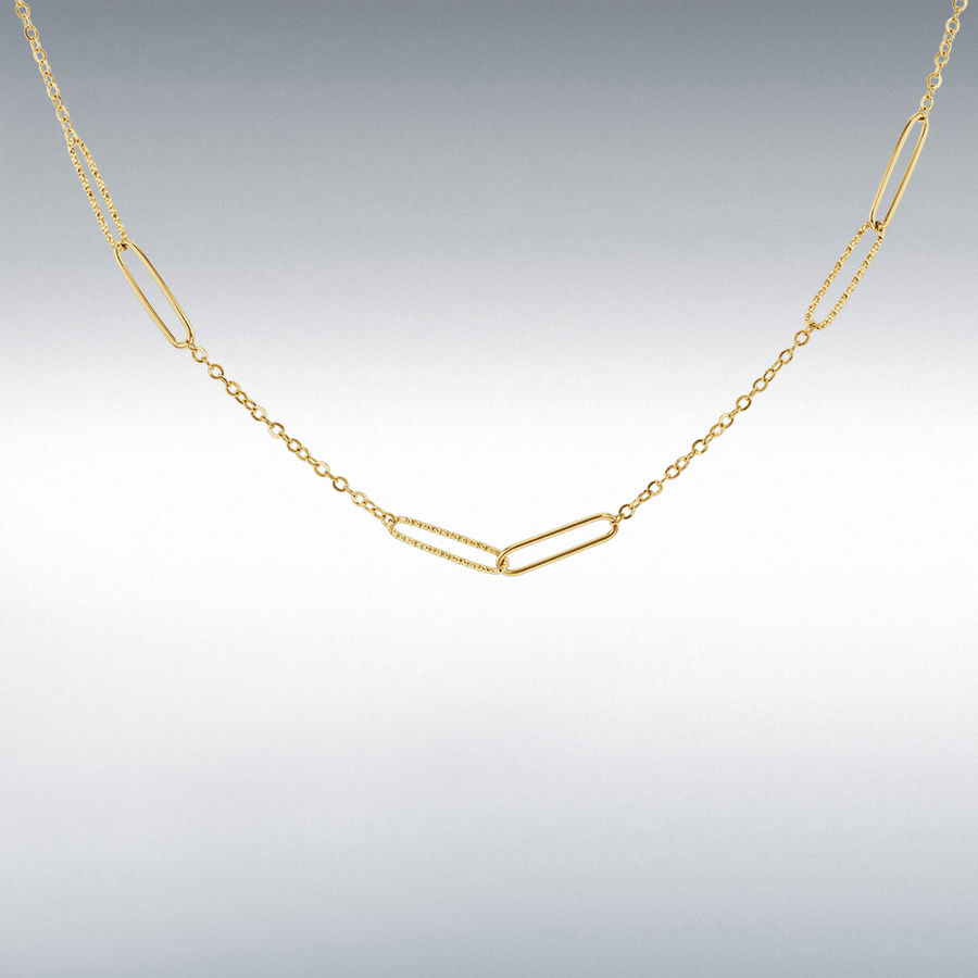 9ct Gold Textured & Polished Double Paperclip Link Station Necklace