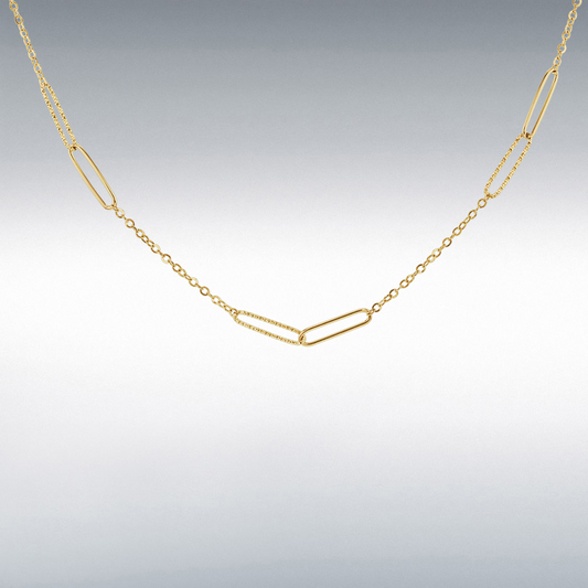 9ct Gold Textured & Polished Double Paperclip Link Station Necklace