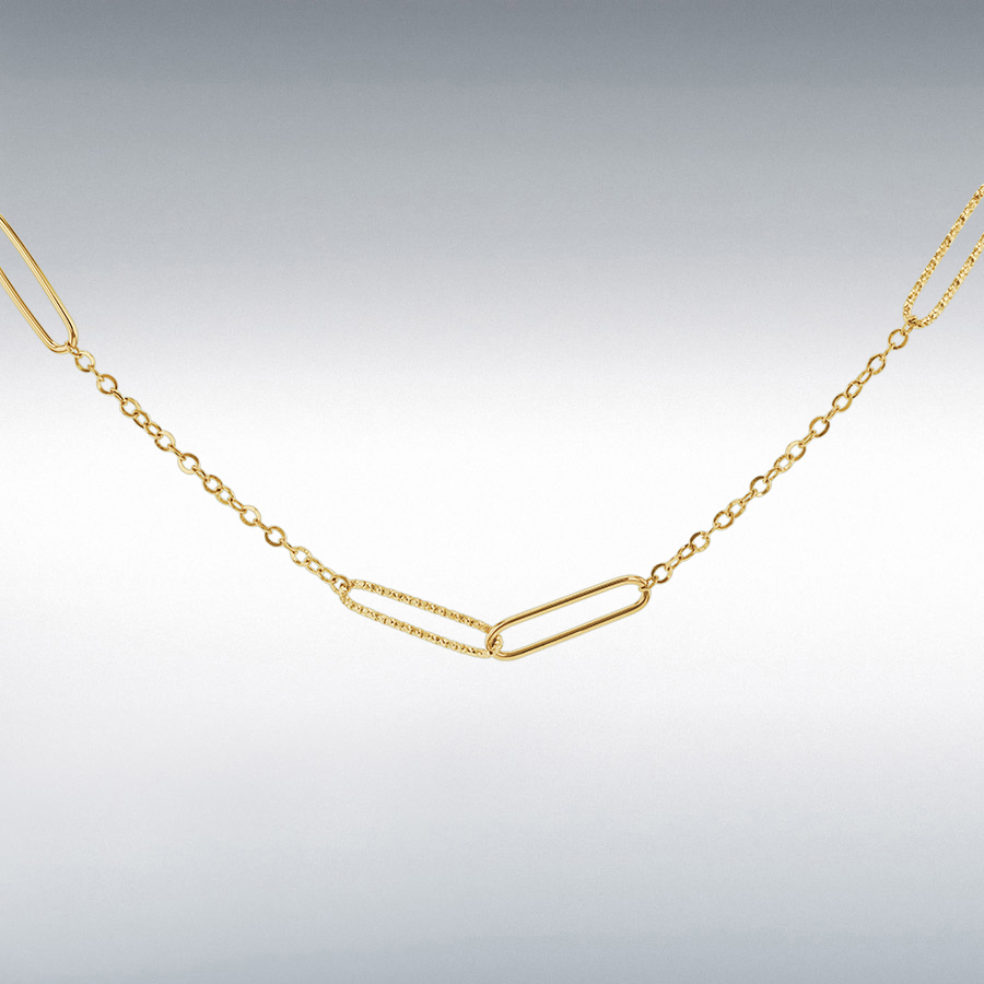 9ct Gold Textured & Polished Double Paperclip Link Station Necklace
