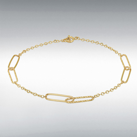 9ct Gold Textured & Polished Double Paperclip Link Station Bracelet