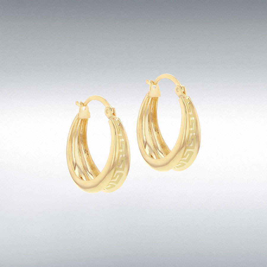 9ct Yellow Gold Greek Key Design Tapered Hoop Earrings