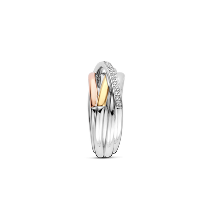 TI SENTO Sterling Silver & Gold Plated Cubic Zirconia Set 3 Colour Crossover Ring