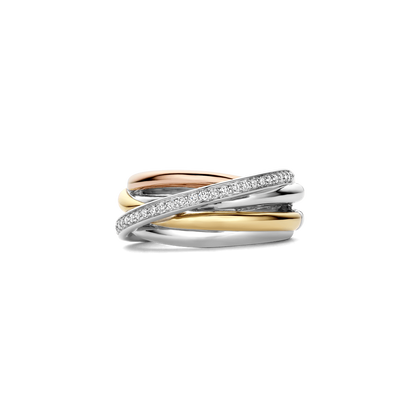 TI SENTO Sterling Silver & Gold Plated Cubic Zirconia Set 3 Colour Crossover Ring