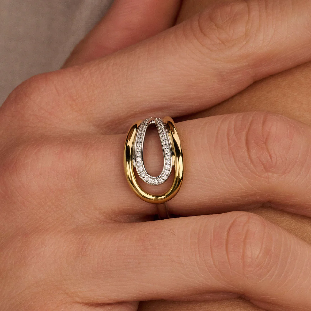 TI SENTO Organic Sterling Silver & Gold Plated Two Tone Cubic Zirconia Set Ring