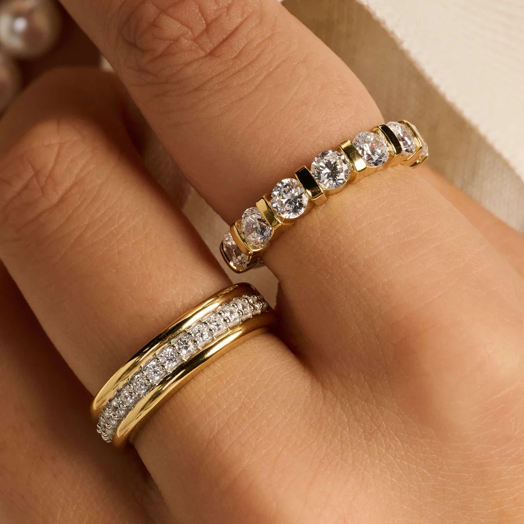 TI SENTO Bar Set Sterling Silver & Gold Plated Two Tone Cubic Zirconia Set Ring